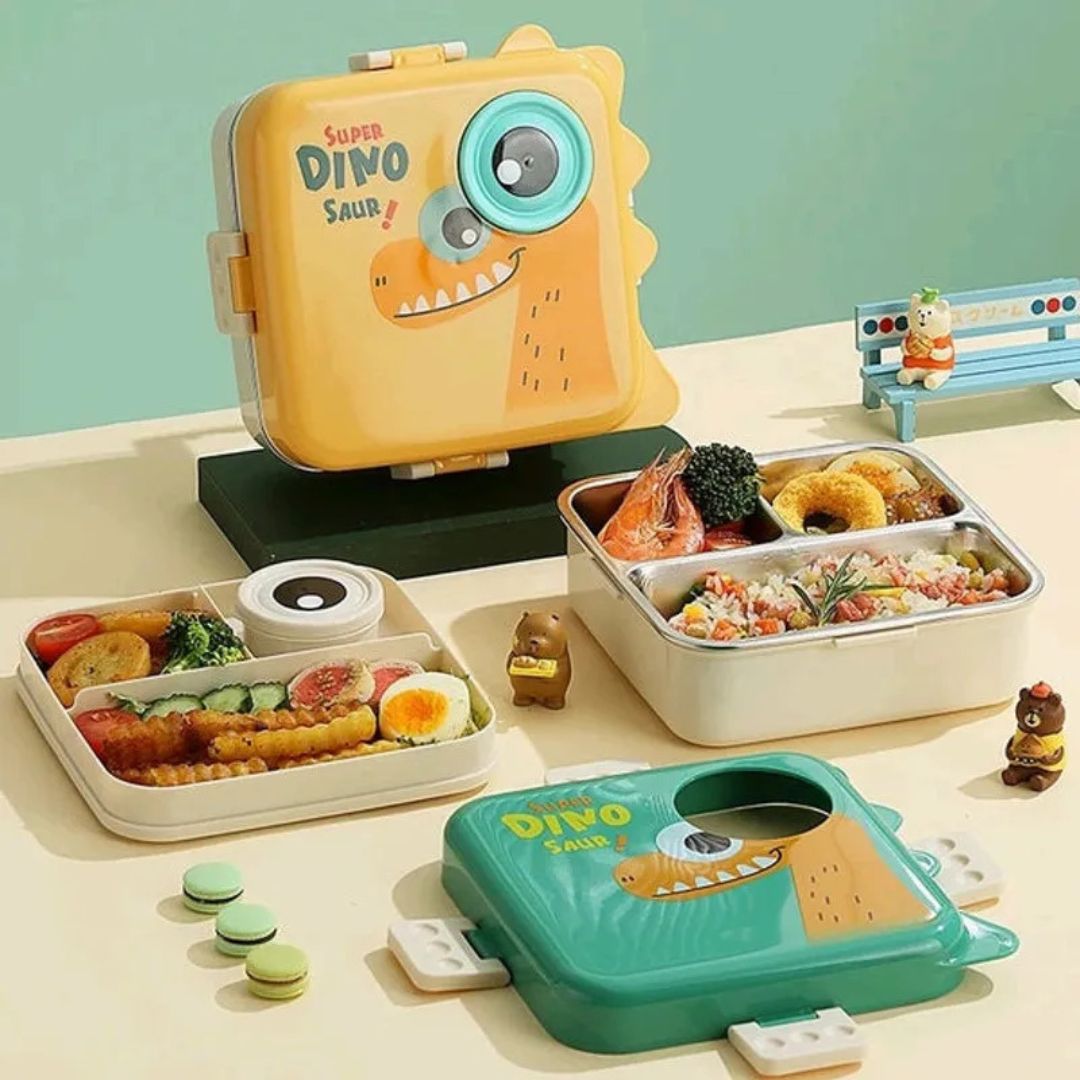 1120ml 5 Compartment Dino Eye Design Steel Lunch Box with Spoon and 70ml Salad Cup