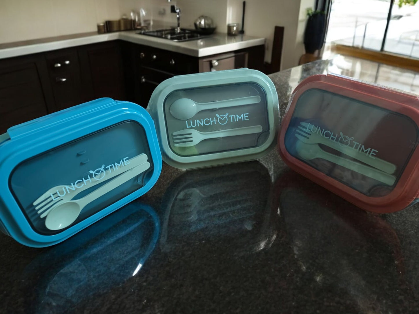 3 Compartment Plastic lunch box with Spoon and Fork